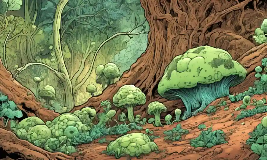 Ilustraciones endofitas entre texturas terrenales, destacando la importancia ecológica.