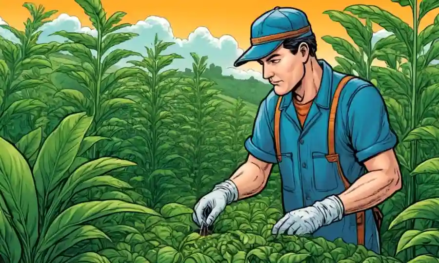 Planta de estudio de trabajadores agrícolas con microorganismos beneficiosos, rodeado de cultivos verdes exuberantes.