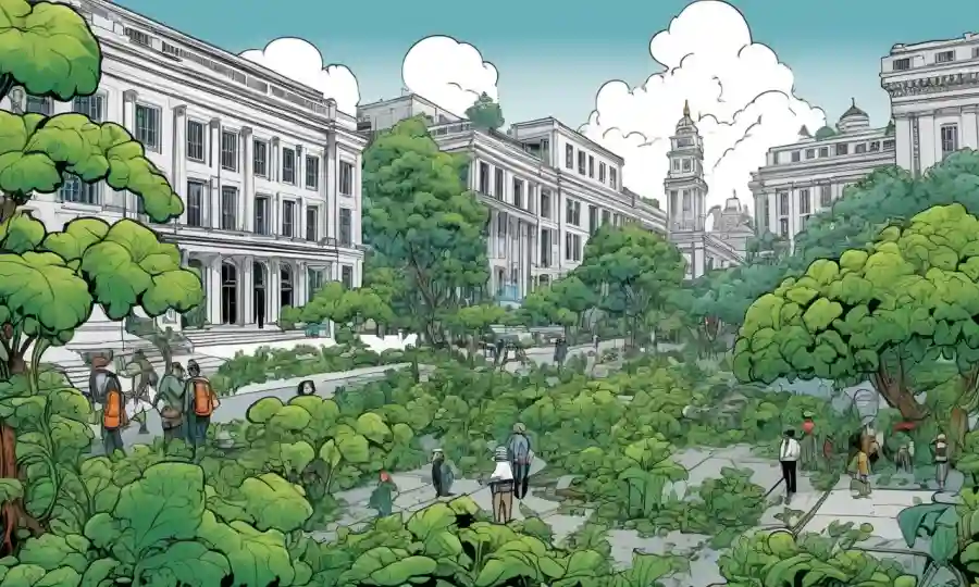 Folaje y microorganismos sordos ilustrados entre edificios gubernamentales y paisajes urbanos.