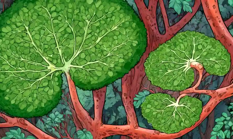 Un micrografo de hongos endofiticos dentro del tejido vegetal, con vegetación y árboles en el fondo.
