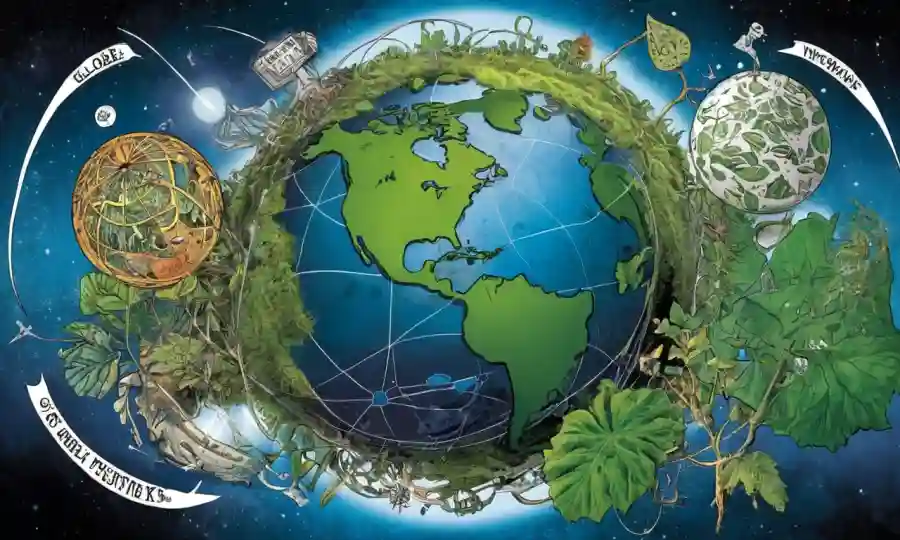 Un globo con planta interconectada y redes de hongos superpuesto sobre él, rodeado de políticas ambientales y símbolos de conservación.