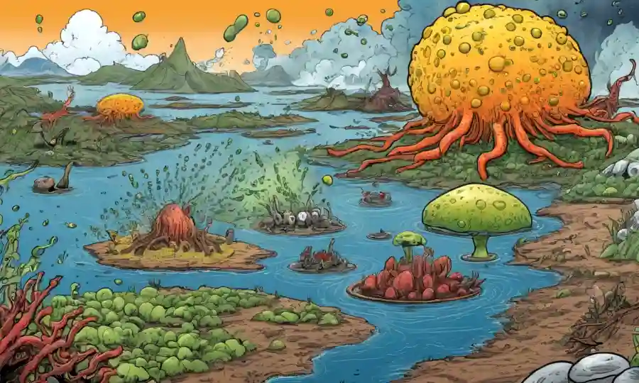 Las ilustraciones científicas de los microorganismos en medio de desastres naturales.
