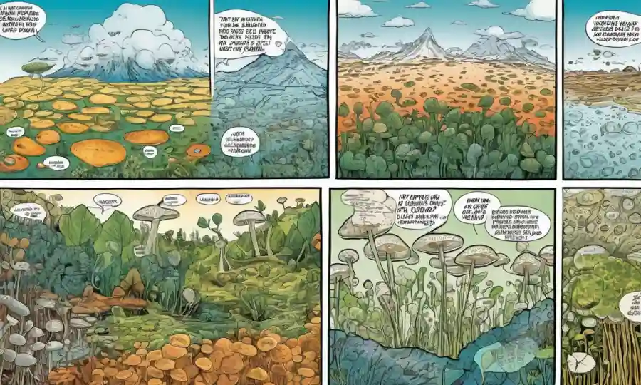 Vistas microscópicas de hongos y células vegetales con mapas de cambio climático.