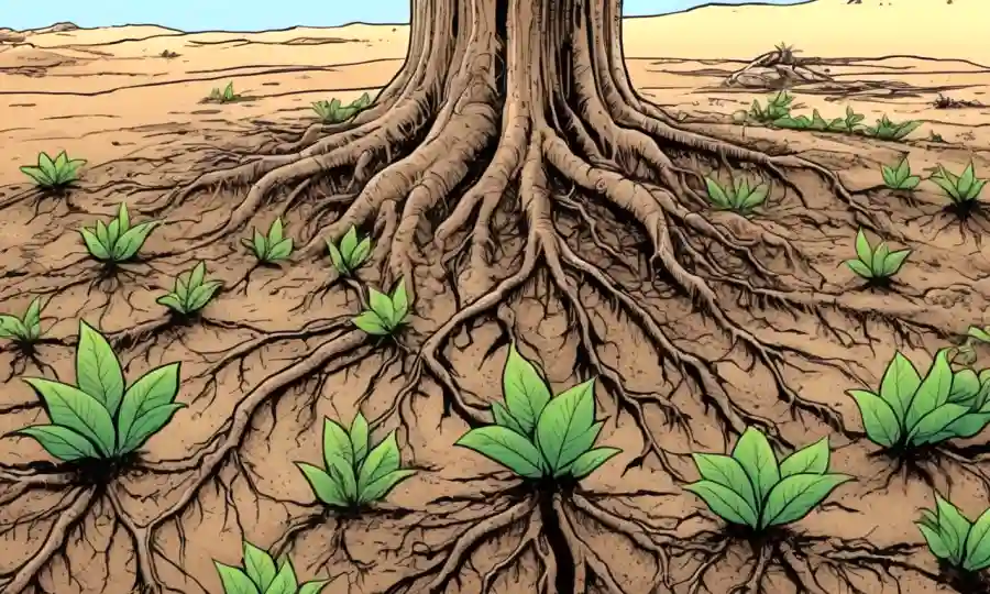 Roots of plants surrounded by eroded soil