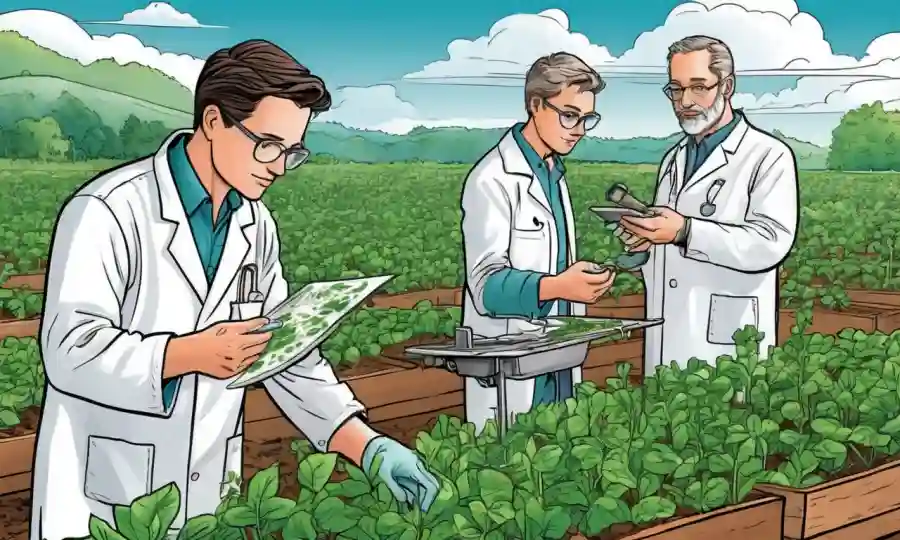 Científicos analizando datos de microbioma de plantas para aplicaciones agrícolas sostenibles.