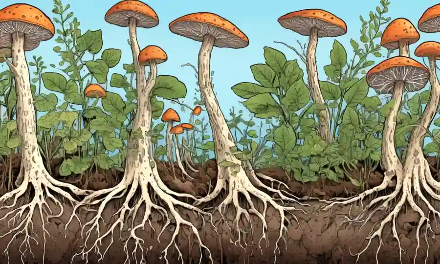 Imágenes microscópicas de hongos beneficiosos interactuando con raíces vegetales en entornos agrícolas.