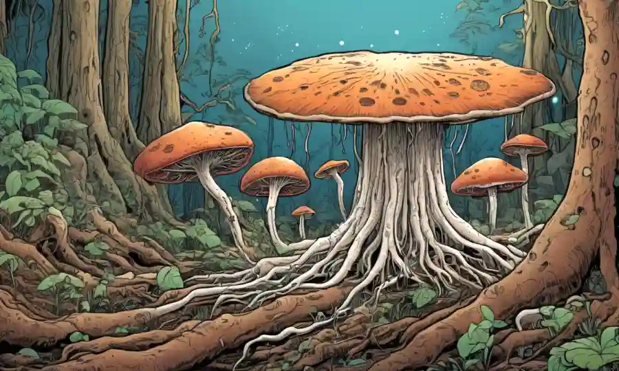 Una ilustración de hongos que conectan las raíces vegetales, representando el impacto del cambio climático en las relaciones simbióticas.