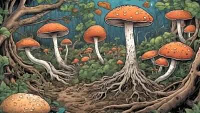 Ilustraciones de hongos y raíces destacando la relación simbiótica entre endomycorrhizae y ecosistemas vegetales.