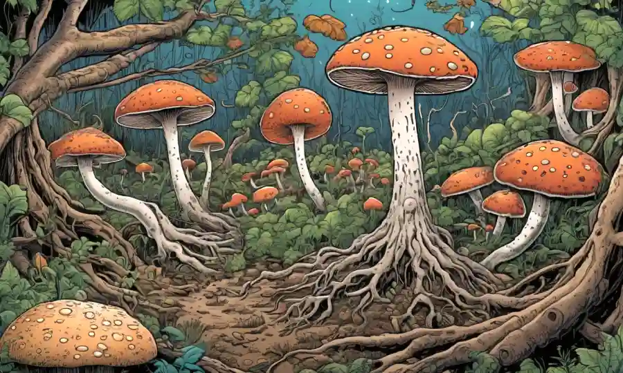 Ilustraciones de hongos y raíces destacando la relación simbiótica entre endomycorrhizae y ecosistemas vegetales.