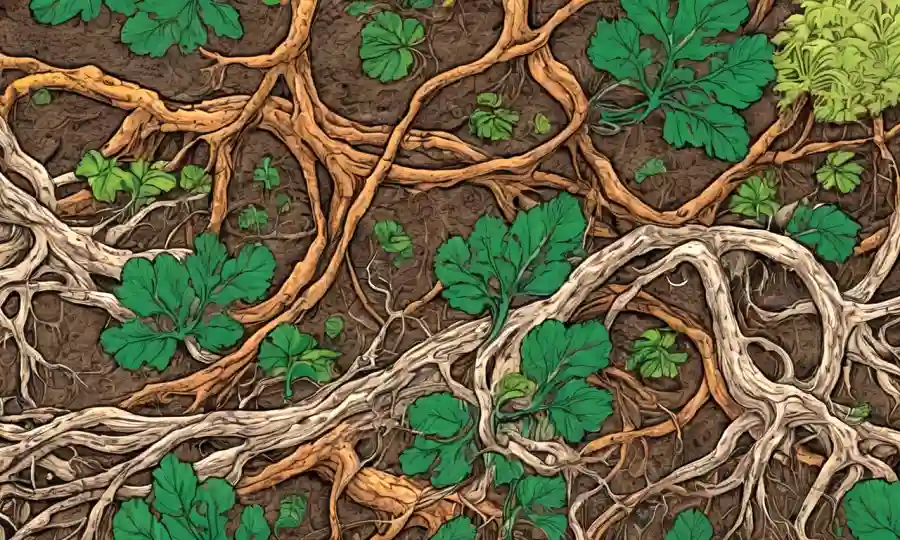 Estructuras fungosas microscópicas que rodean las raíces vegetales en un entorno natural.
