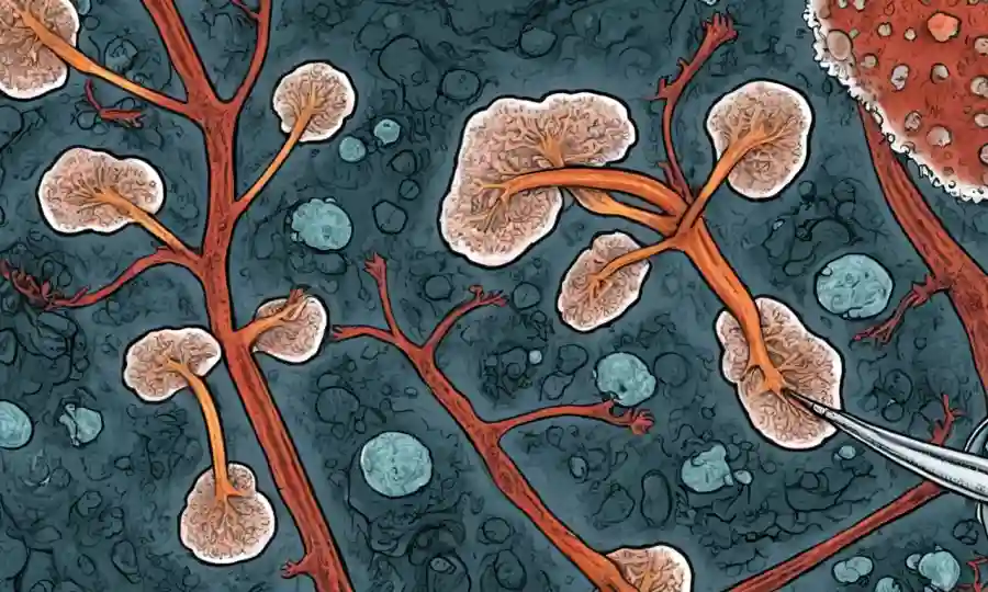 Una imagen de microscopio de crecimiento fúngico con flechas destacando posibles causas y soluciones de enfermedades.
