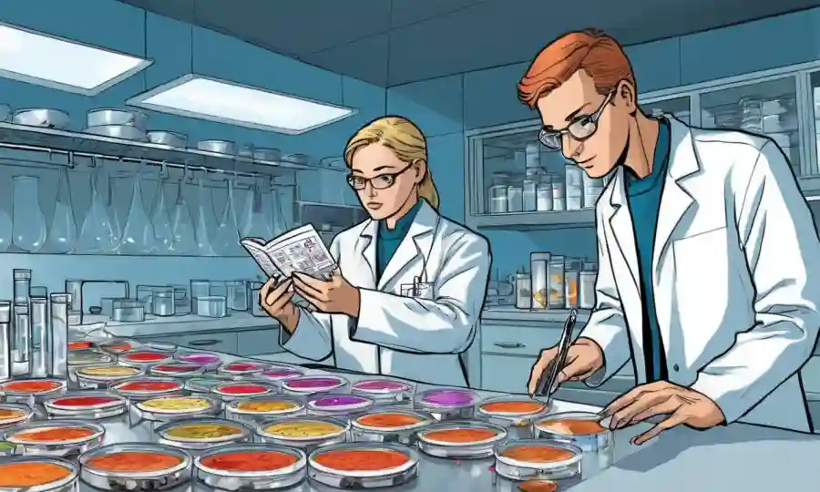 Técnicos de laboratorio que examinan platos de petri con cultivos de hongos y mapas de datos.