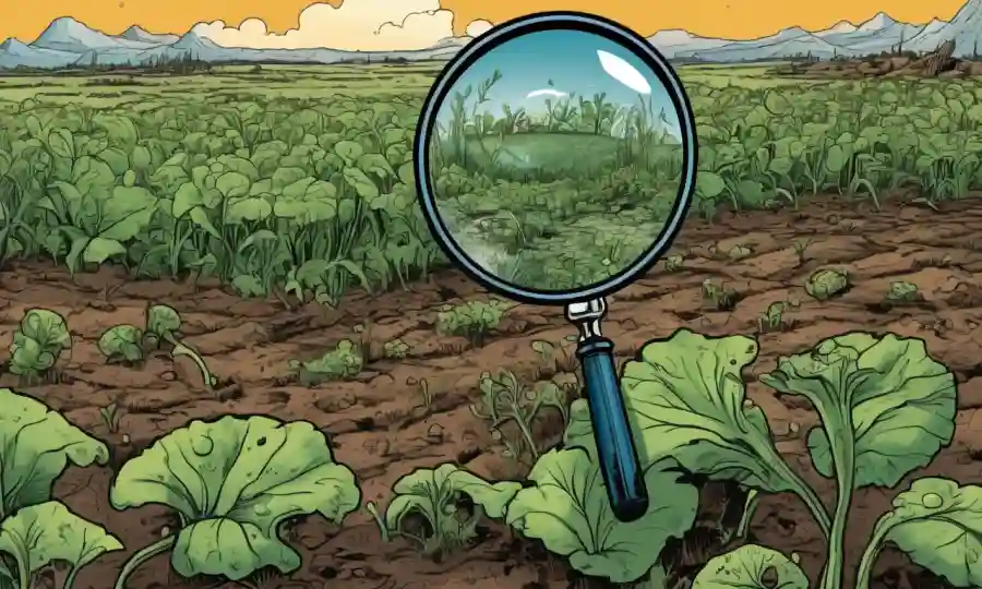 Paisaje agrícola con plantas dañadas y una lupa que revela esporas fúngicas.