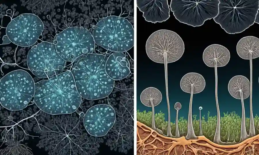 Imágenes microscópicas de células de plantas de hifae fúngicas que infectan junto a diagramas y diagramas de datos.