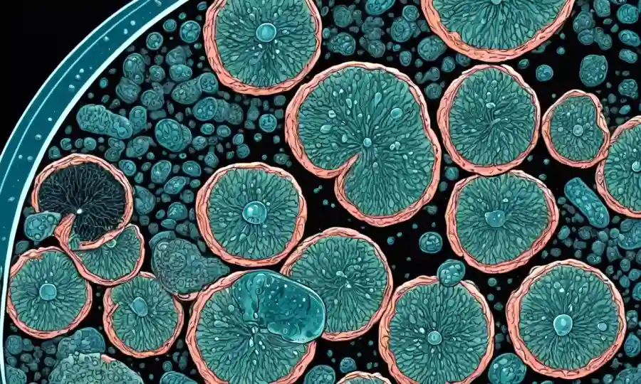 Un microscopio o plato petri con hongos endofiticos o bacterias interactuando con tejidos vegetales.