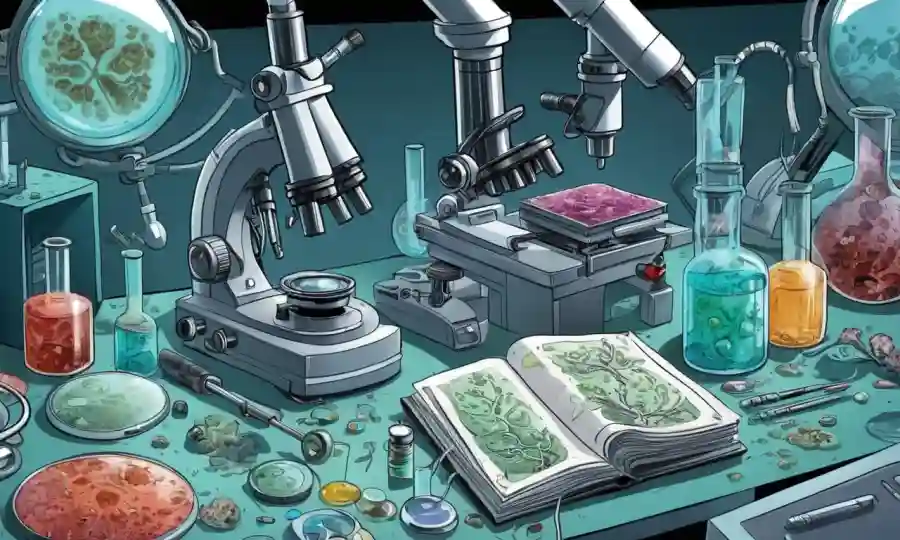 Un microscopio o un laboratorio con varias muestras fúngicas y equipos médicos.