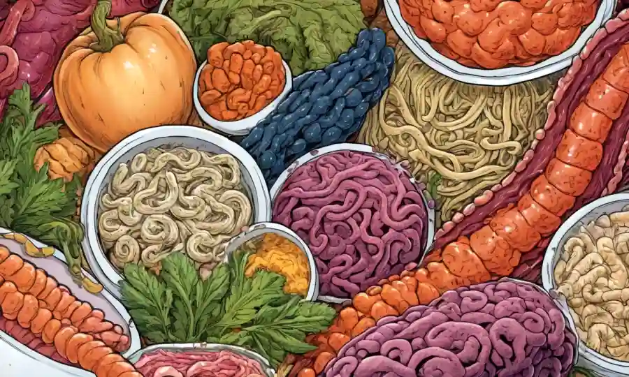 Una ilustración de microbioma intestinal con alimentos fermentados e intestinos saludables.
