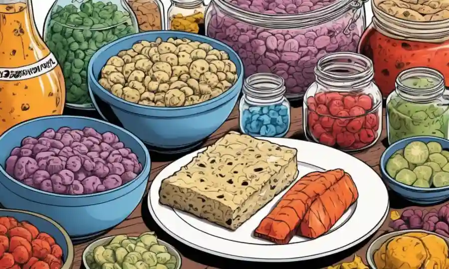 Un plato de diversos alimentos fermentados junto a símbolos médicos.