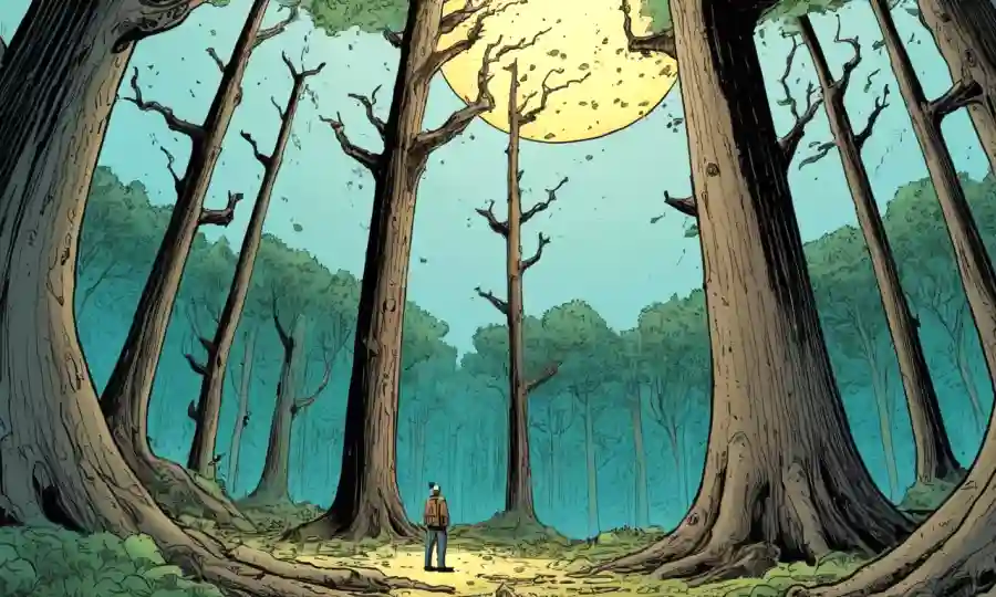 Científico de pie en un bosque, mirando hacia arriba los troncos de árboles interconectados con una burbuja de pensamiento.