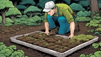 Farmer tending to soil-filled trays with mycelium hons growing.