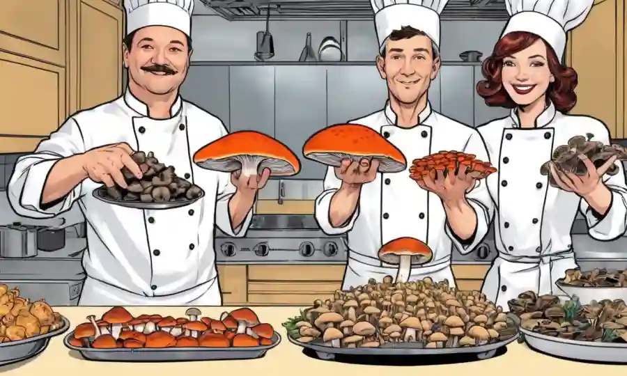 Chefs con varios tipos de setas comestibles en la cocina.