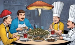 Chefs sentados en una mesa llena de setas comestibles