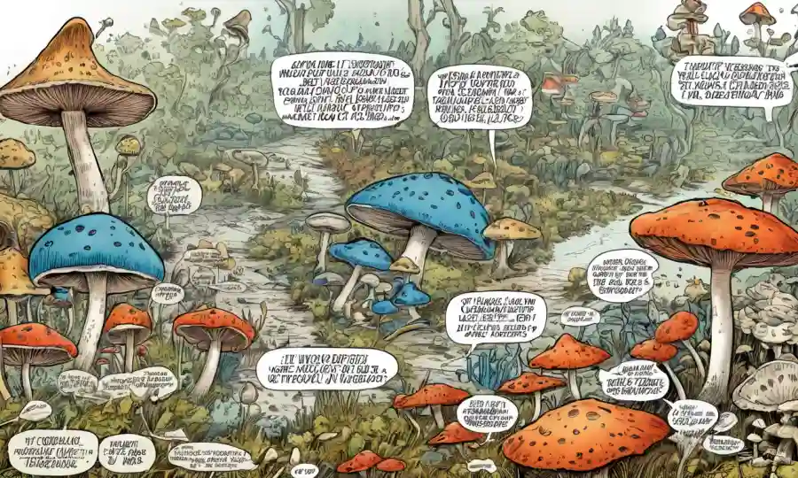 Las ilustraciones de hongos rodeadas de muestras de investigación y citas de entrevistas de expertos.