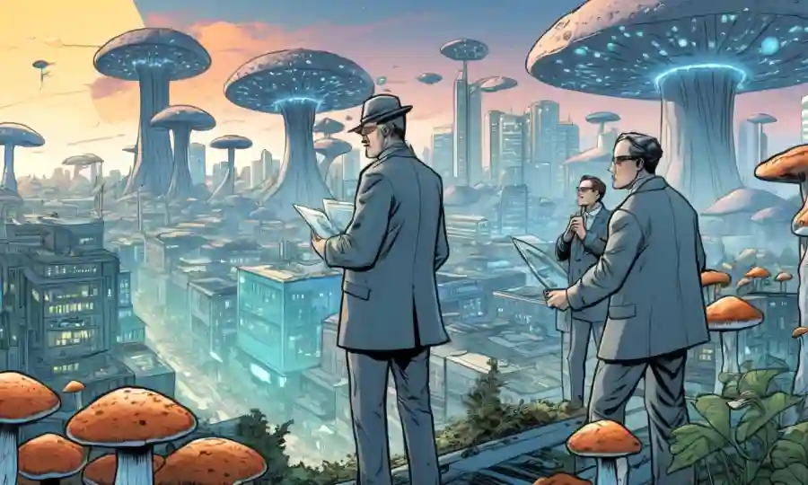 Expertos científicos que estudian hongos y bioindicadores contra un futurista paisaje urbano.