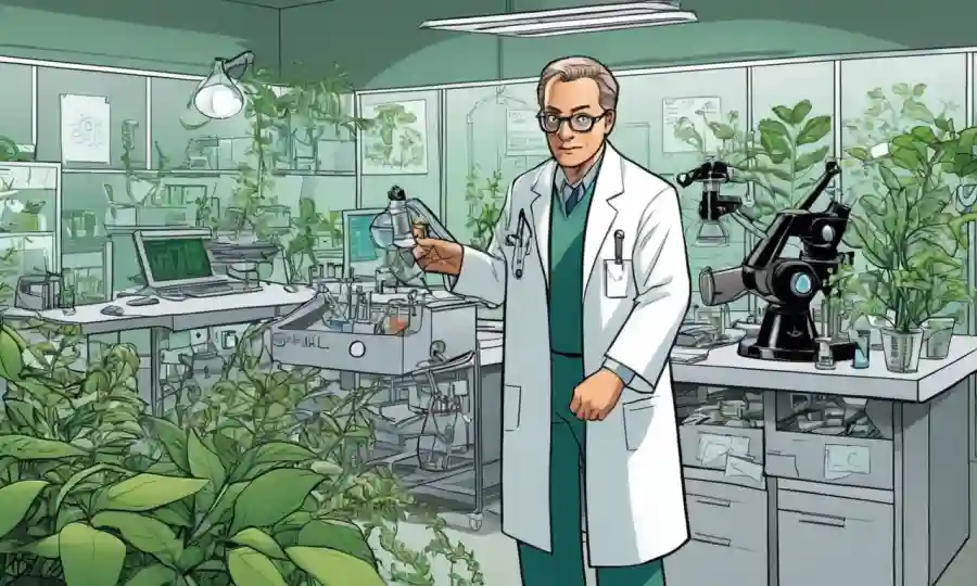 Científico rodeado de plantas, notas y equipos en un laboratorio de investigación.