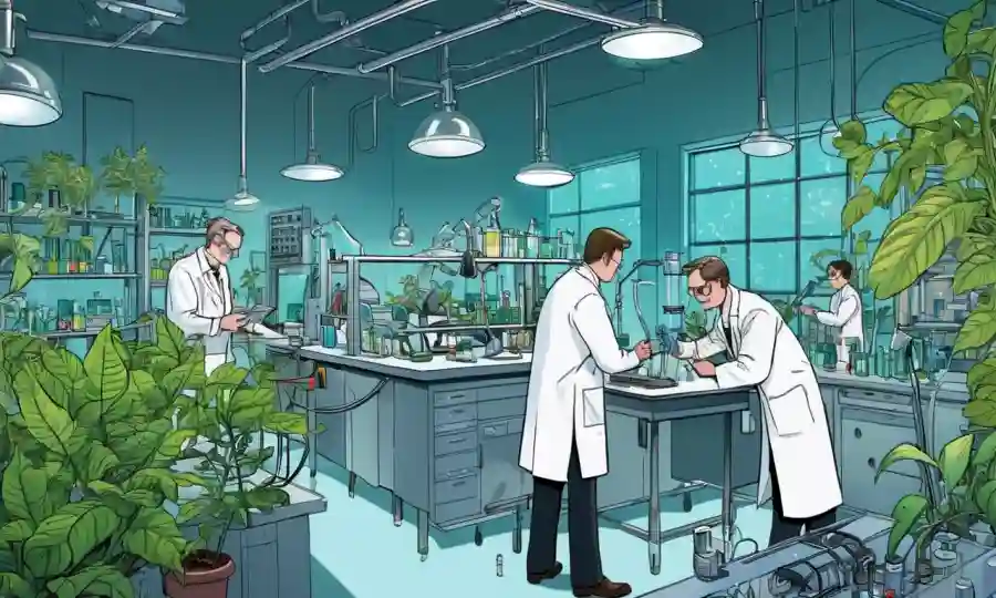 Un entorno de laboratorio con científicos que realizan investigaciones sobre equipos rodeados de muestras de plantas.