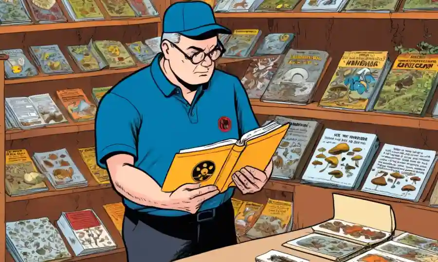 Persona examinando un libro de colección de hongos con símbolos de advertencia y texto de error que lo rodea.