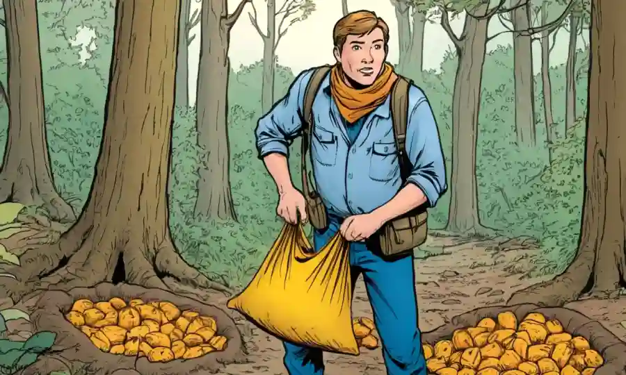 Un amateur forrajeando en un bosque con una bolsa llena de hongos, rodeado de advertencias gráficas.