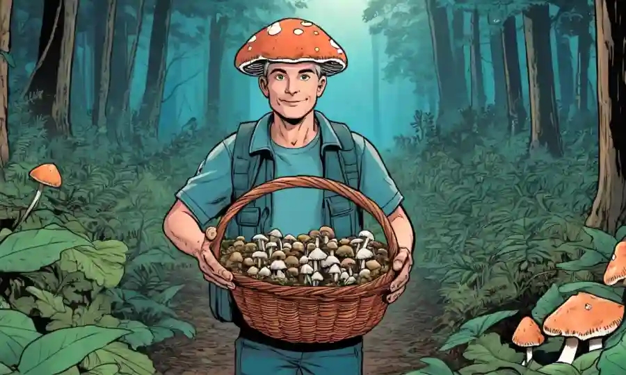 Un entusiasta de hongos sosteniendo una canasta de hongos silvestres recién escogidos en medio del follaje forestal.