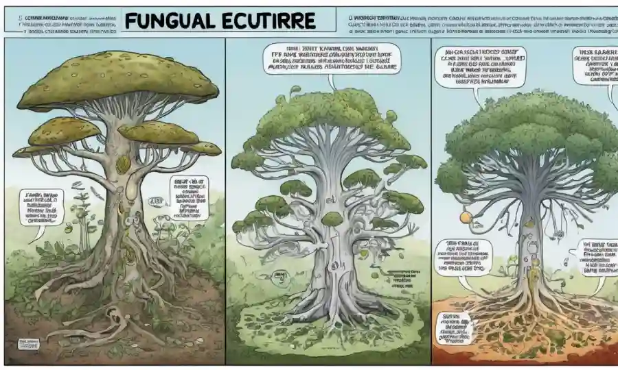Diagrama científico mostrando árbol evolutivo fungoso con mensajes de error y soluciones superpuestas.