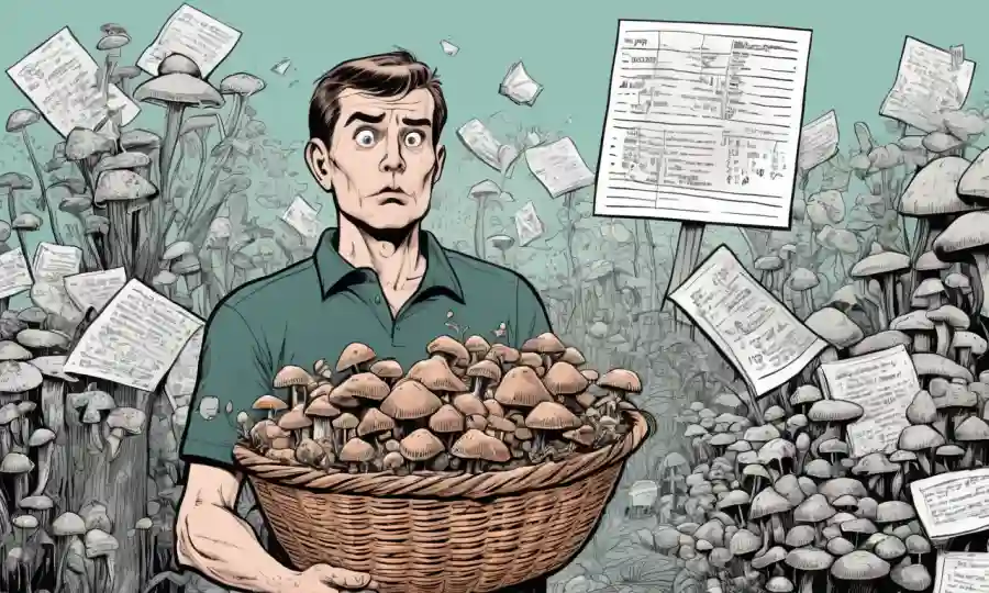 Una persona que sostiene una canasta de hongos con una expresión confusa en medio de notas de error y consejos inciertos.