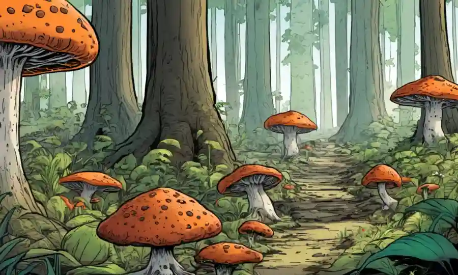 Un crecimiento fúngico que disuelve la materia orgánica en un ecosistema forestal.