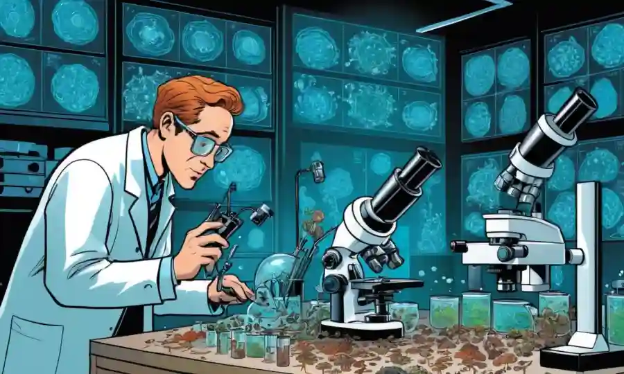 Científico estudiando hongos en un laboratorio con datos y microscopios gráficamente mostrados.