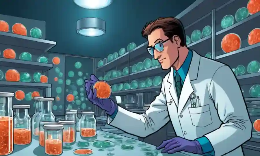 Un científico en un laboratorio que examina los platos petri con culturas fúngicas.