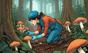 Una persona que lleva guantes examina hongos en el bosque.