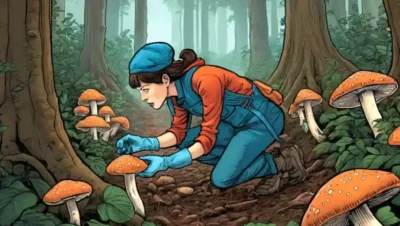 Una persona que lleva guantes examina hongos en el bosque.