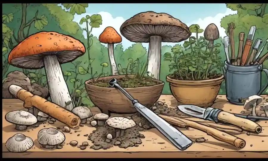 Varias herramientas y materiales sobre una mesa para cultivar hongos en casa.