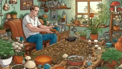 Una persona rodeada de cultivos de hongos y diversas herramientas medicinales en casa.