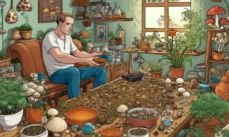 Una persona rodeada de cultivos de hongos y diversas herramientas medicinales en casa.