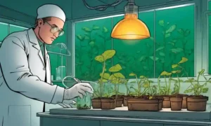 Una persona que realiza investigación sobre hongos en un laboratorio con una planta verde creciendo en el fondo.