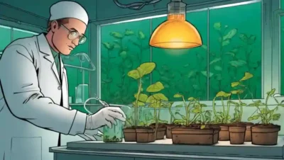 Una persona que realiza investigación sobre hongos en un laboratorio con una planta verde creciendo en el fondo.
