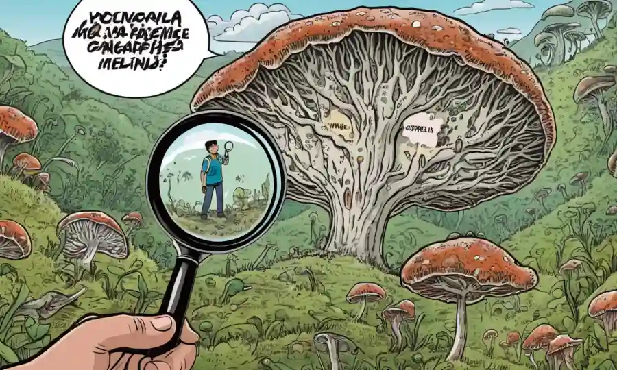 Persona sosteniendo una lupa sobre el crecimiento fúngico con palabras circundantes en español.
