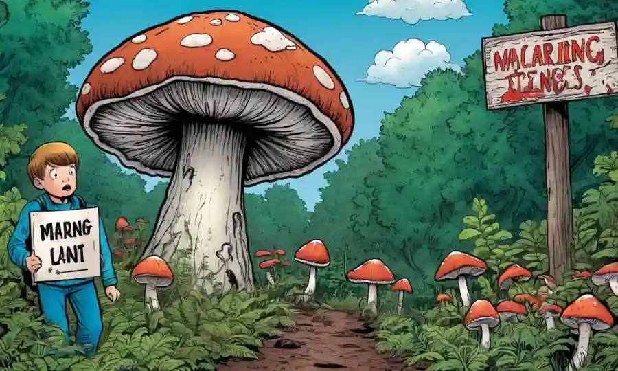 Una persona que lucha con múltiples champiñones overgrown y un signo de advertencia.