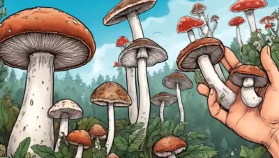 La mano sostiene varios tipos de hongos contra un fondo médico borroso.