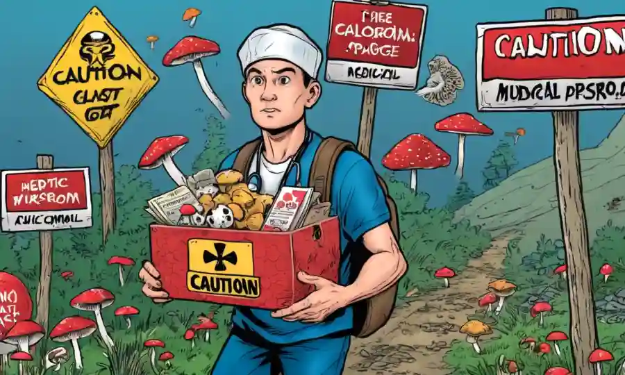 Persona conteniendo un paquete de hongos con señales de precaución y símbolos médicos que lo rodean.
