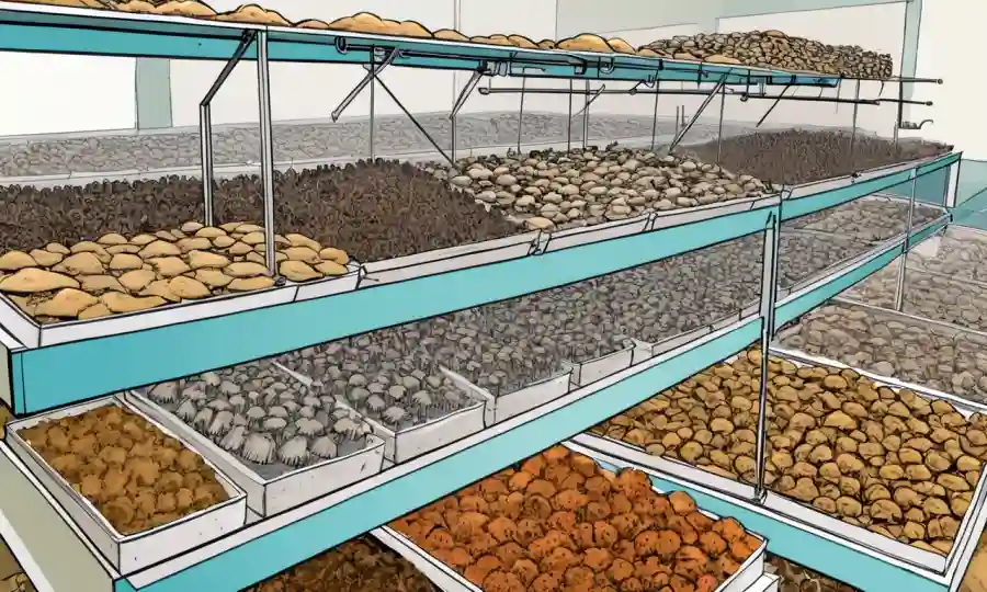Materiales y equipo para el cultivo de hongos en una configuración sencilla y bien organizada.